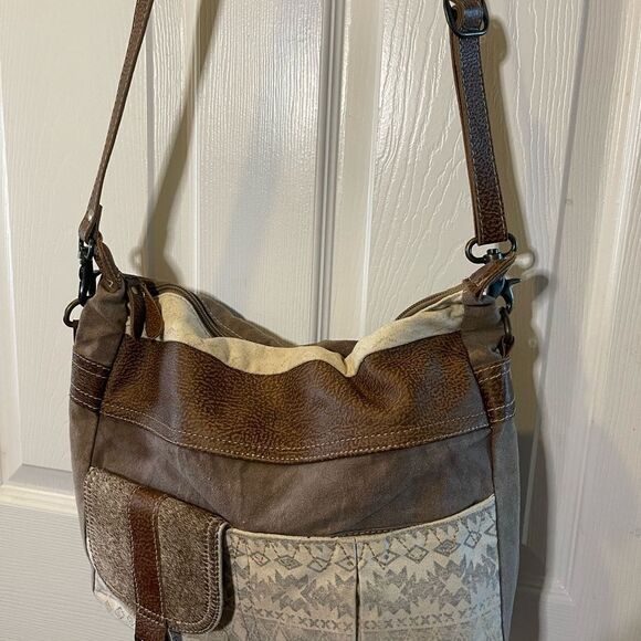 Myra Bag canvas & leather Hobo Beige gray & brown shoulder bag - Picture 3 of 11